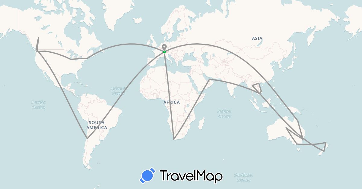 TravelMap itinerary: driving, bus, plane in United Arab Emirates, Australia, Canada, Switzerland, Chile, Hong Kong, Laos, New Zealand, Thailand, United States, Vietnam, South Africa (Africa, Asia, Europe, North America, Oceania, South America)